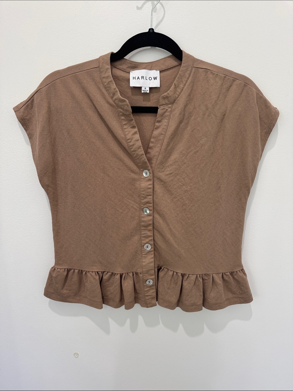 Harlow Taupe Short-Sleeve Button Front Ruffle-Hem Top